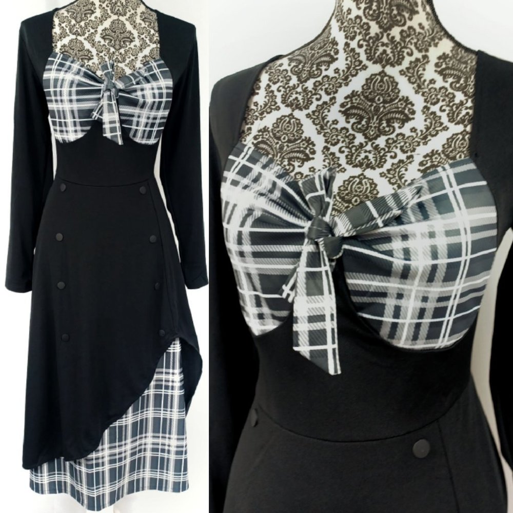 Victorian School Marm Look Plaid Bodice Stretch Jersey Midi Dress L NWOT